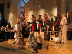 A Christmas Eve service at Irvine Presbyterian Church. My daughter is the shepherd with the light blue shawl.