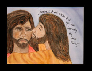 Judas kissing Christ. Painting © Linda E.S. Roberts, 2007. For permission to use this picture, contact Mark D. Roberts.