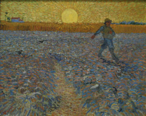 The Sower, June 1888, Kröller-Müller Museum, Otterlo. Van Gogh made several similar paintings inspired by Jean-François Millet's The Sower.