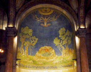 A depiction of Jesus in the Garden found above the altar in the Church of All Nations, which lies immediately next to Gethsemane. Photo used by permission from Mark D. Roberts. All rights reserved.
