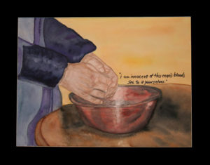 Pilate washing his hands of Jesus. Painting © Linda E.S. Roberts, 2007. For permission to use this picture, contact Mark D. Roberts.