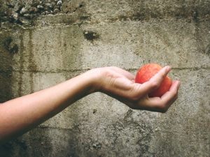 A person handing over a peach.