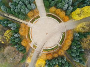 An ariel view of a person feeling abandoned and forgotten as they lay in a clearing of intersecting paths among trees.