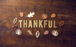 Letters spelling 'thankful' with cutouts of autumn objects.