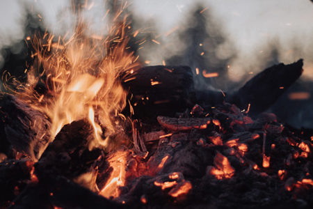 A burning campfire.