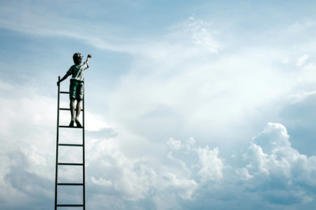 A boy on a ladder going up to the clouds.